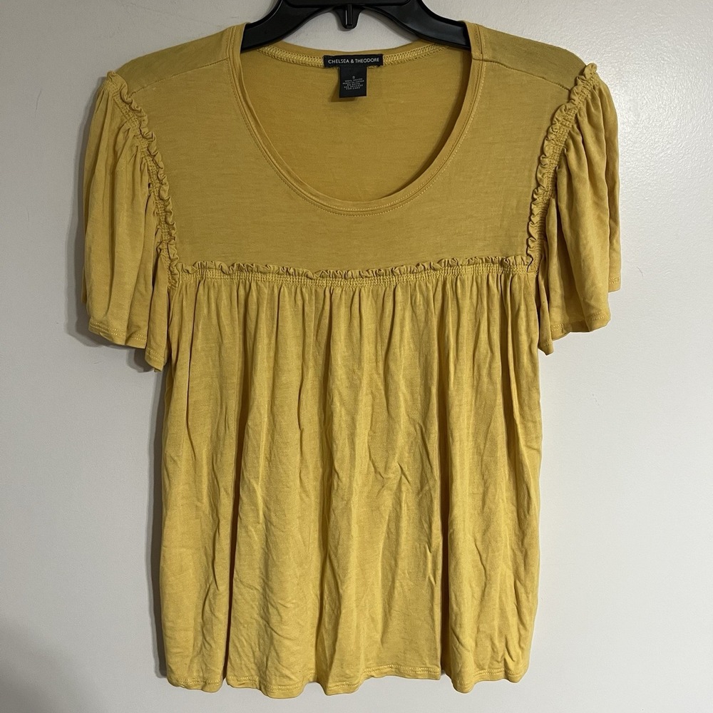 Women's Chelsea & Theodore Mustard Yellow Flutter Sleeve Rayon Blouse Size Small